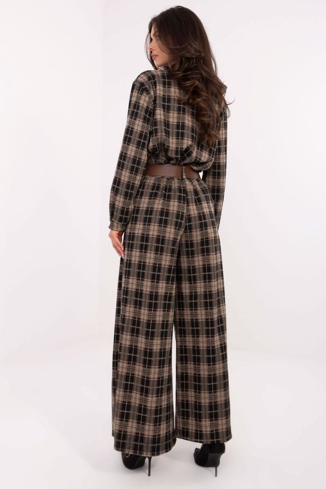 Love Lace Love Lace Women's High Waist Checkered Palazzo Trousers with Belt in Brown - 3