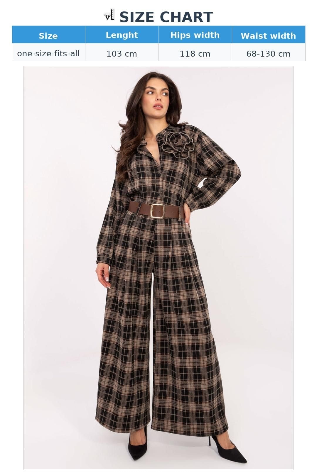 Love Lace Love Lace Women's High Waist Checkered Palazzo Trousers with Belt in Brown - 4