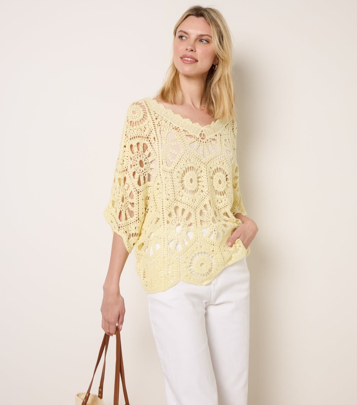 Blue Vanilla Women's Light Yellow Floral Pattern Crochet Top Blue Vanilla New Look