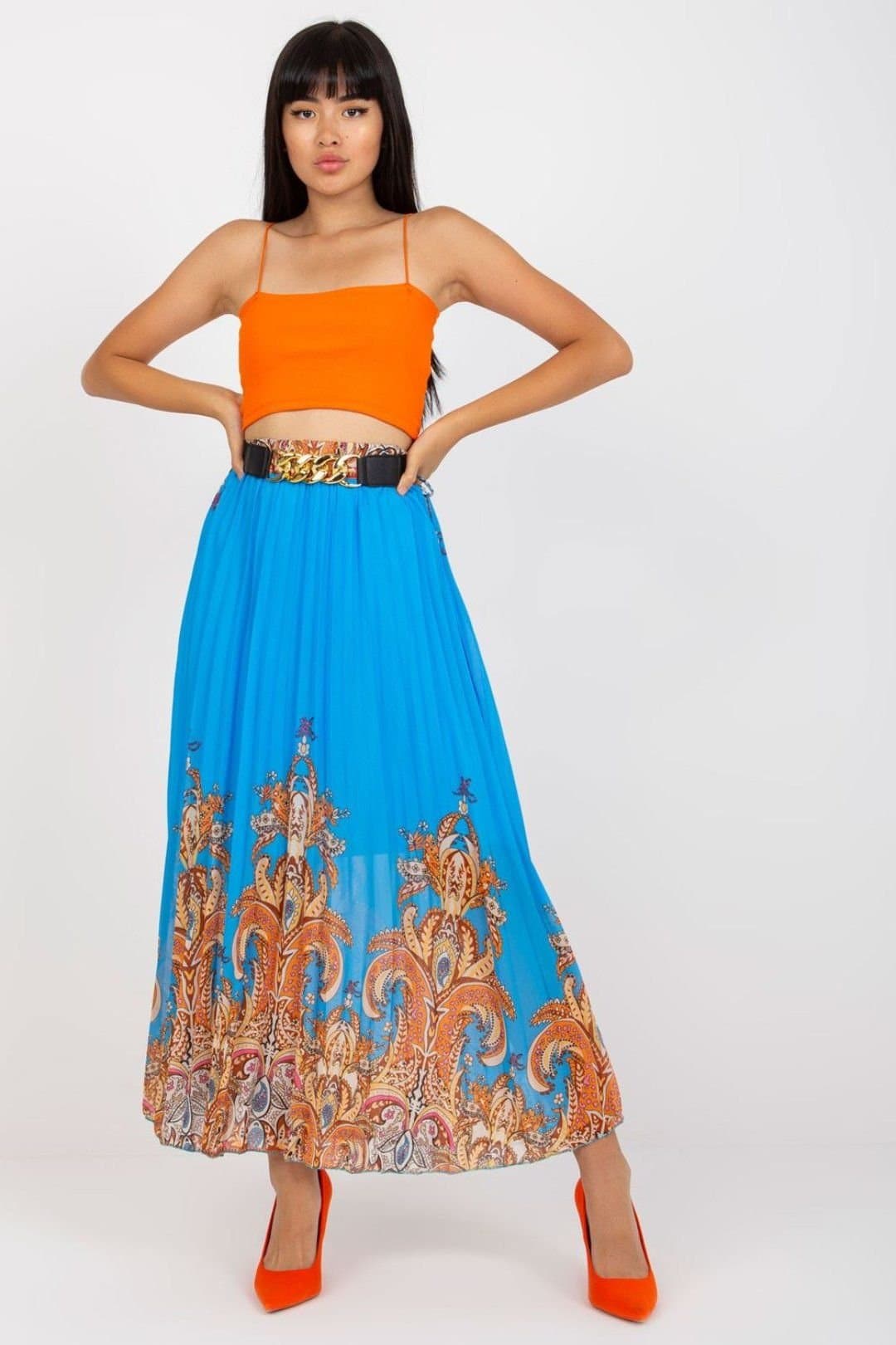 Love Lace Love Lace Women's Long Lined Skirt Elastic Waist with Chain Belt in Blue