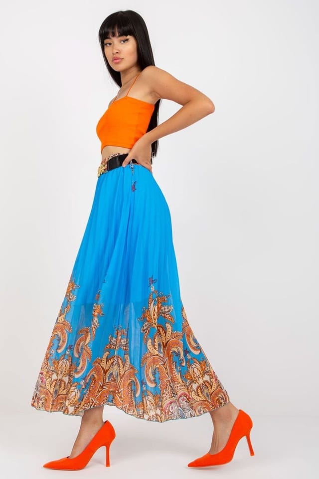 Love Lace Love Lace Women's Long Lined Skirt Elastic Waist with Chain Belt in Blue - 2
