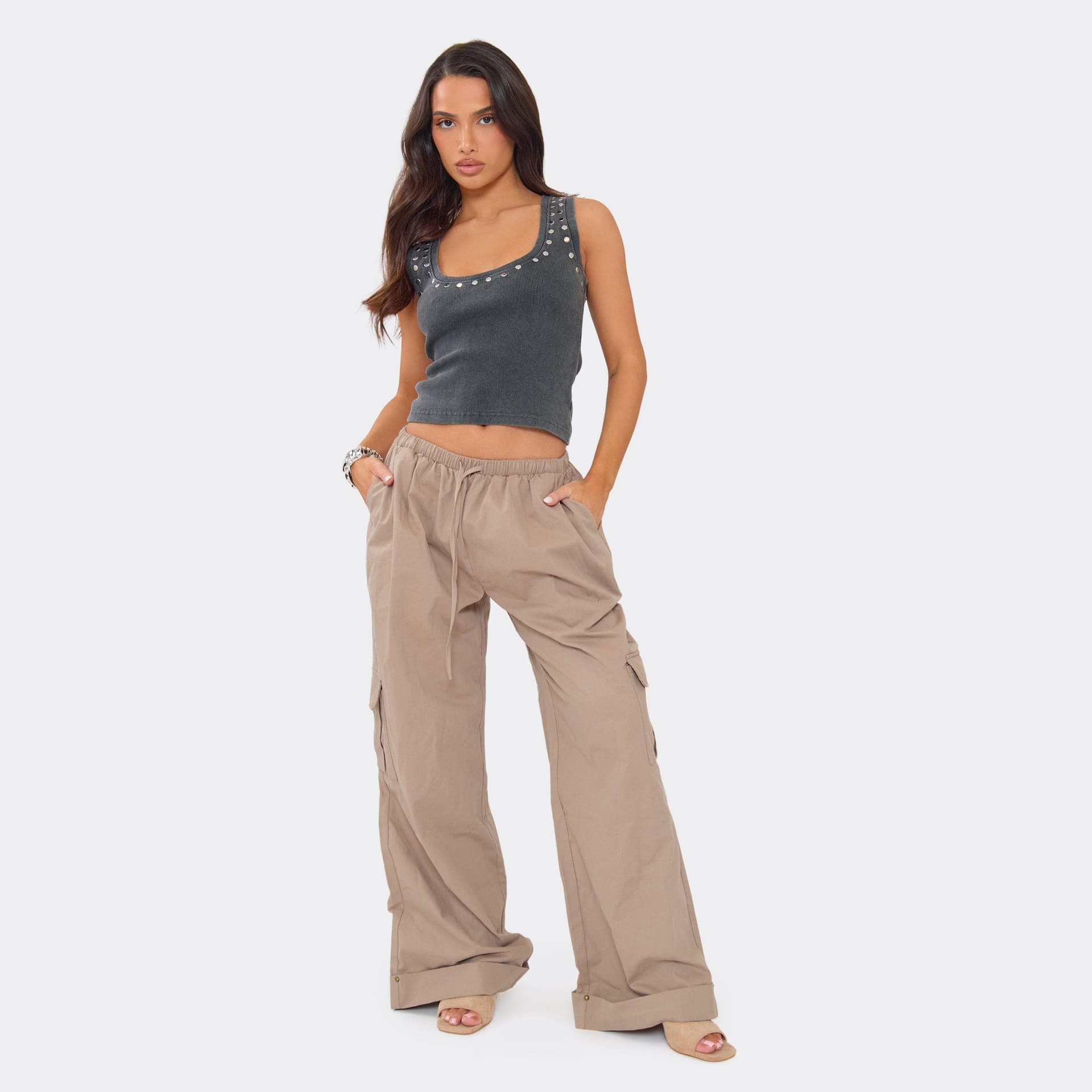 EGO EGO Taupe Low Rise Drawstring Waist Pocket Detail Wide Leg Cargo Trousers