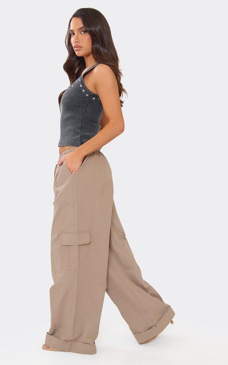 EGO Low Rise Drawstring Waist Pocket Detail Wide Leg Cargo Trousers In Taupe, Women's Size UK 6 - 2