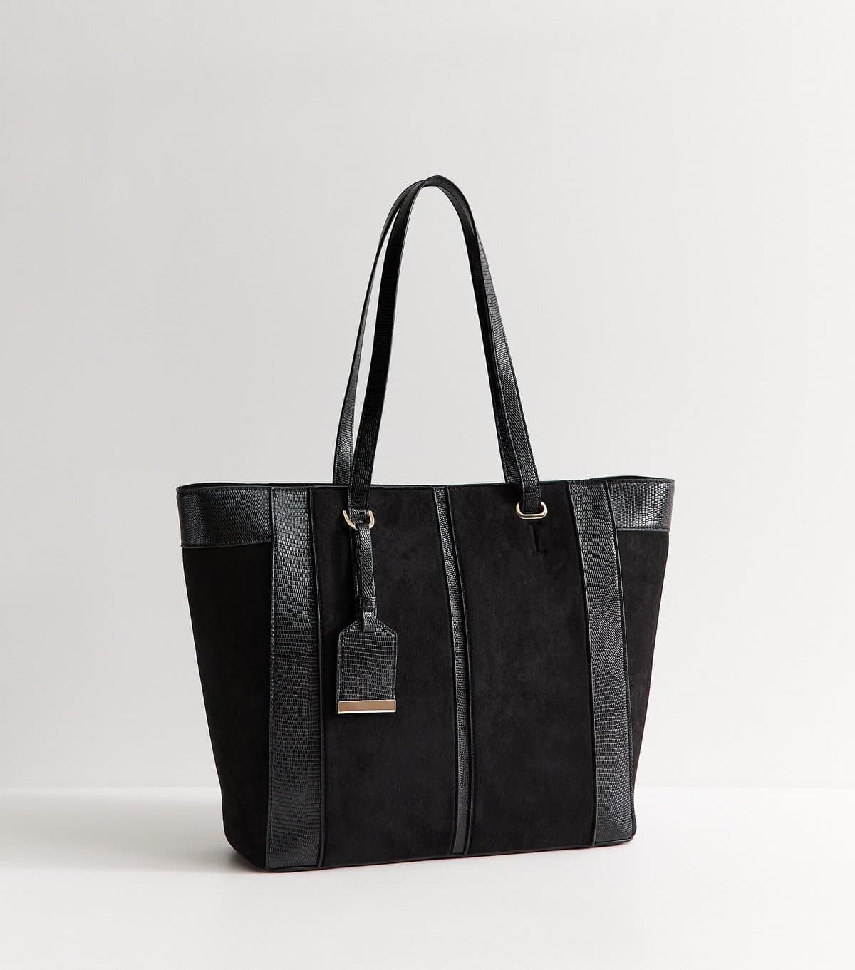 New Look Black Faux Suede Textured Panel Tote Bag School Vegan New Look
