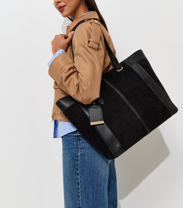 New Look Black Faux Suede Textured Panel Tote Bag School Vegan New Look - 2