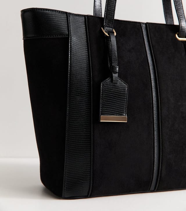 New Look Black Faux Suede Textured Panel Tote Bag School Vegan New Look - 3
