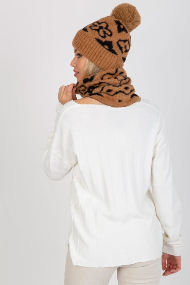 Love Lace Love Lace Women's Warm Infinity Scarf with Patterned Chimney Design & Cap Set in Brown - 3