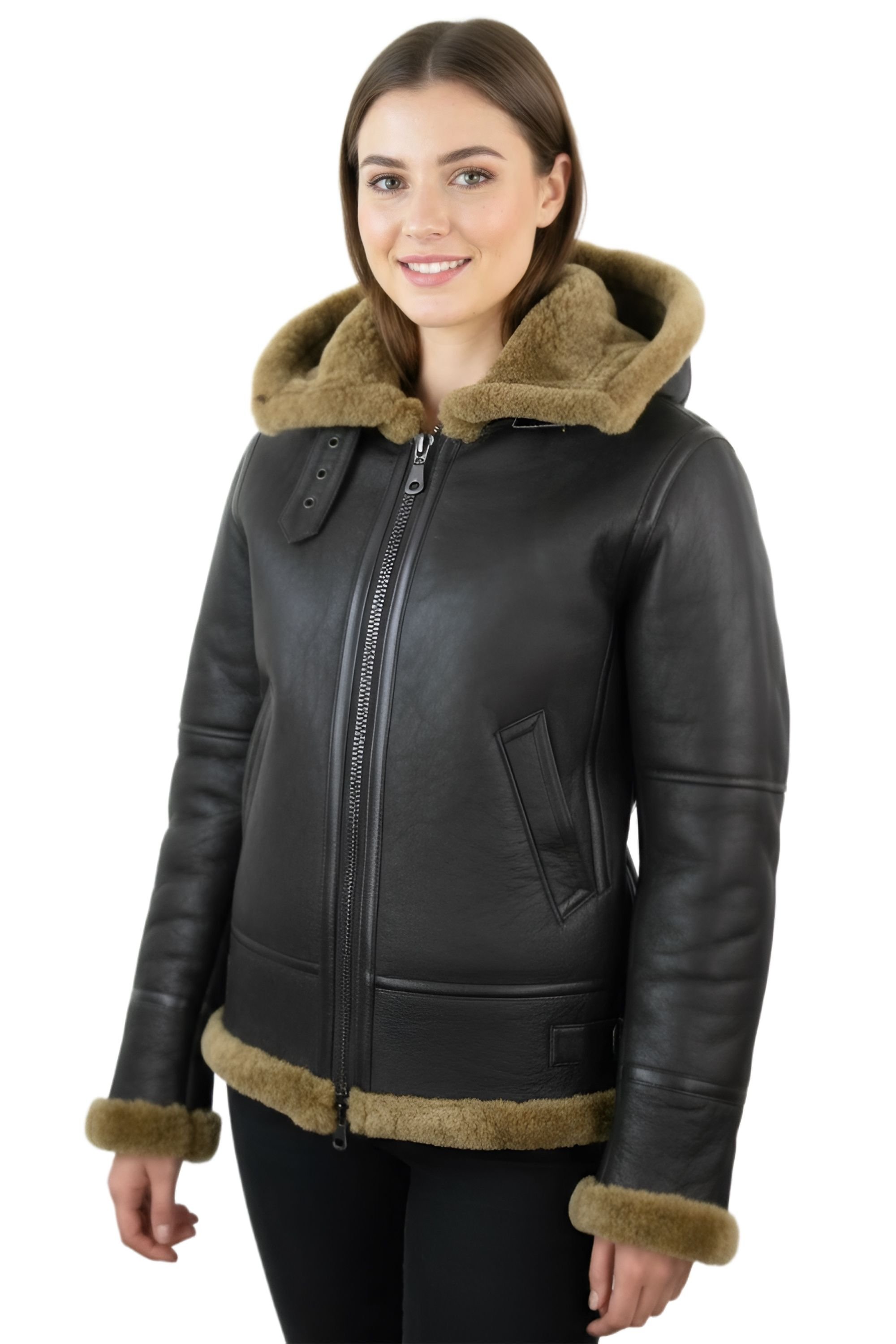 Infinity Leather Infinity Leather Women's Hooded Sheepskin Flying Leather Jacket-Orford in Dark Brown - 2