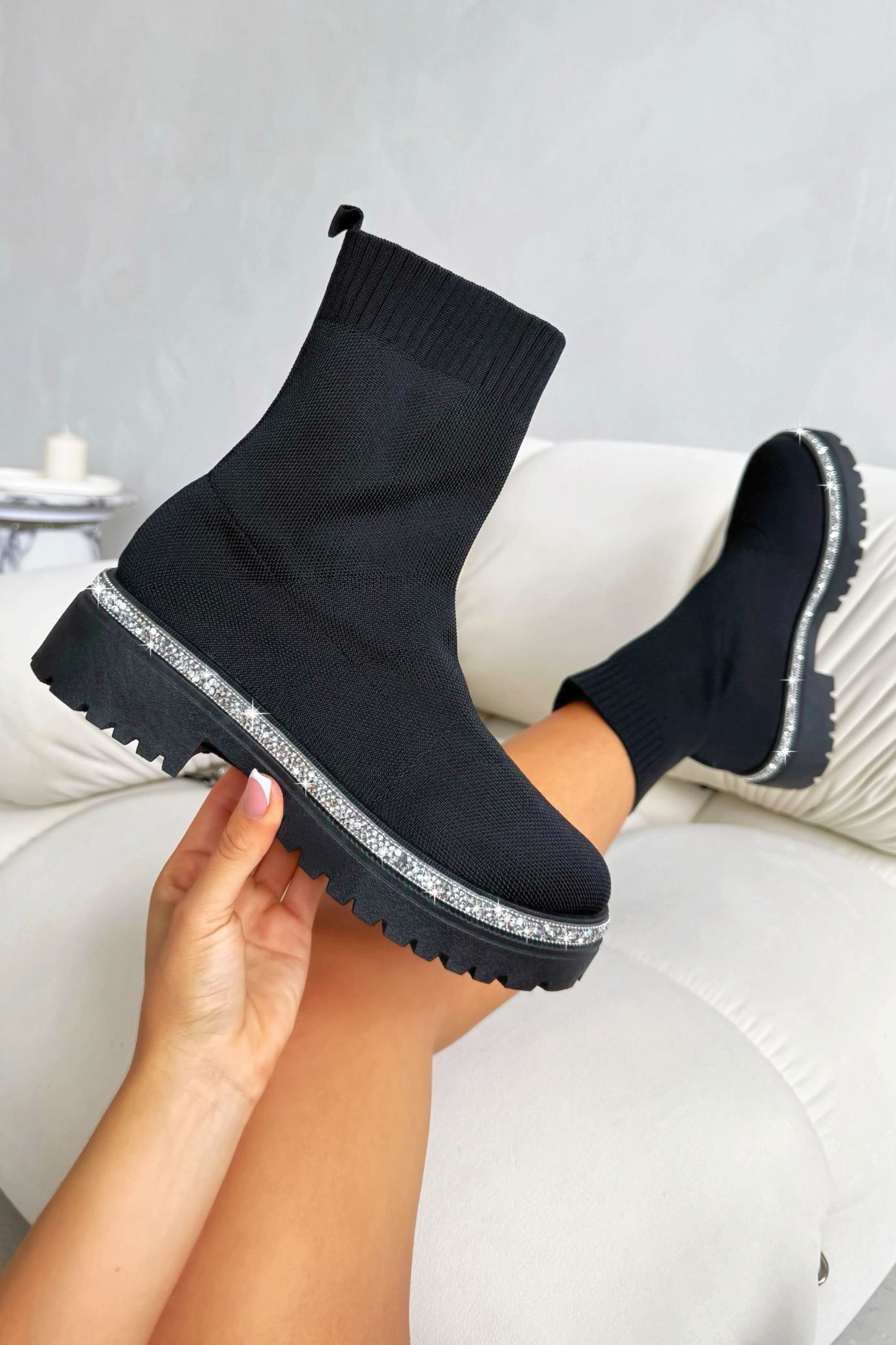 Love Lemonade Love Lemonade Women's Sparkly Stretch Chunky Sock Boots Black - 2