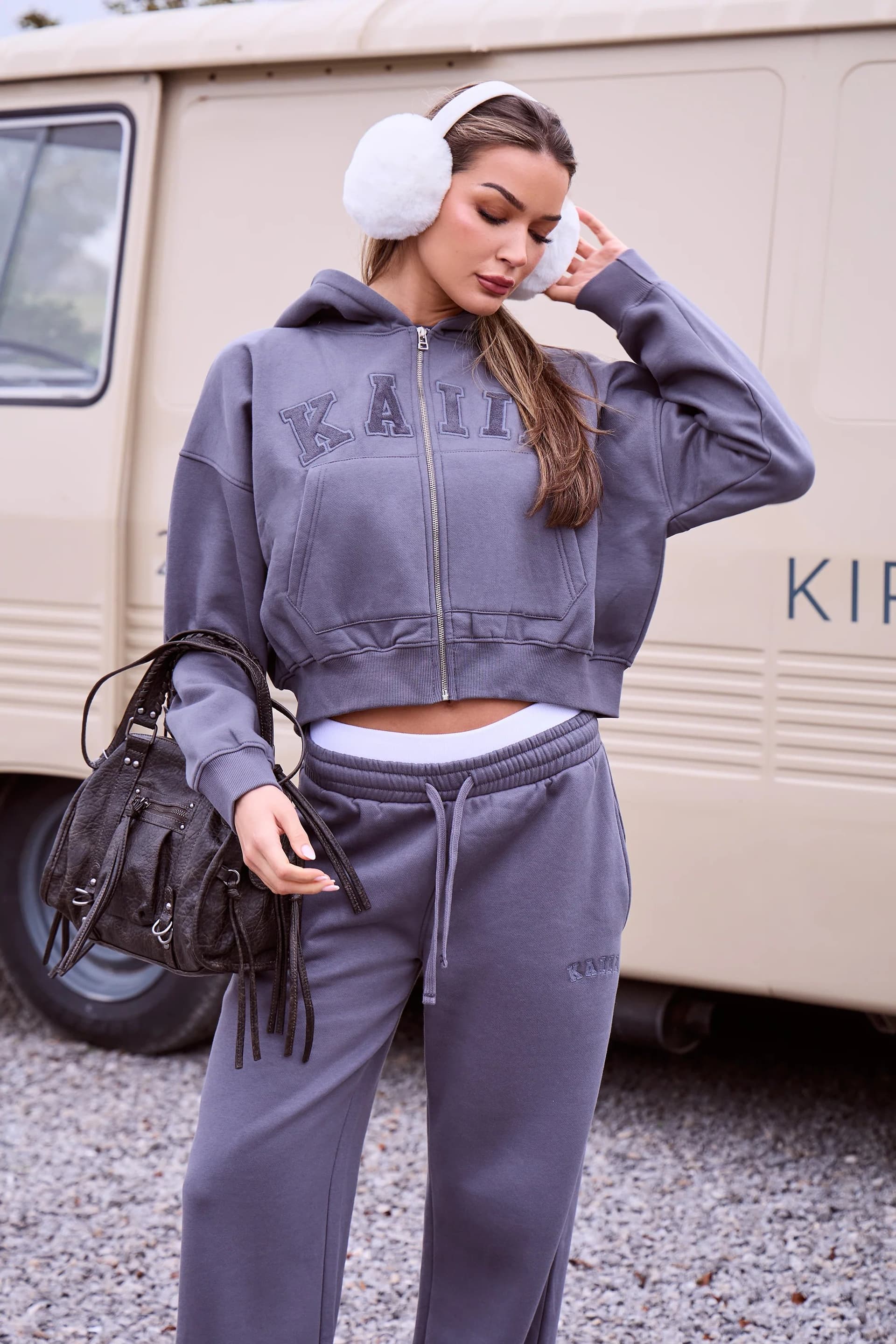 Kaiia Kaiia Slogan Oversized Zip Through Hoodie Petrol Grey