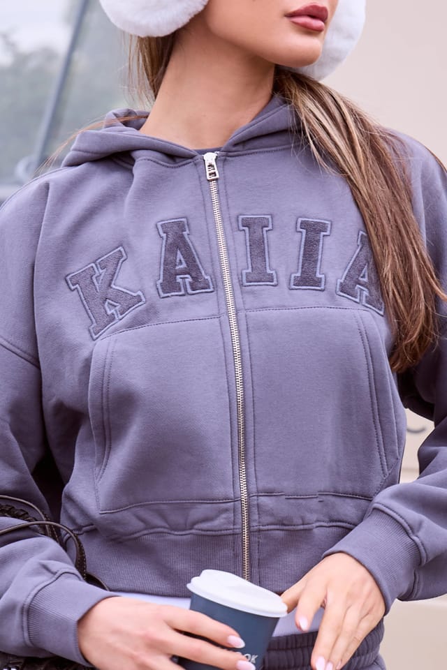Kaiia Kaiia Slogan Oversized Zip Through Hoodie Petrol Grey - 2
