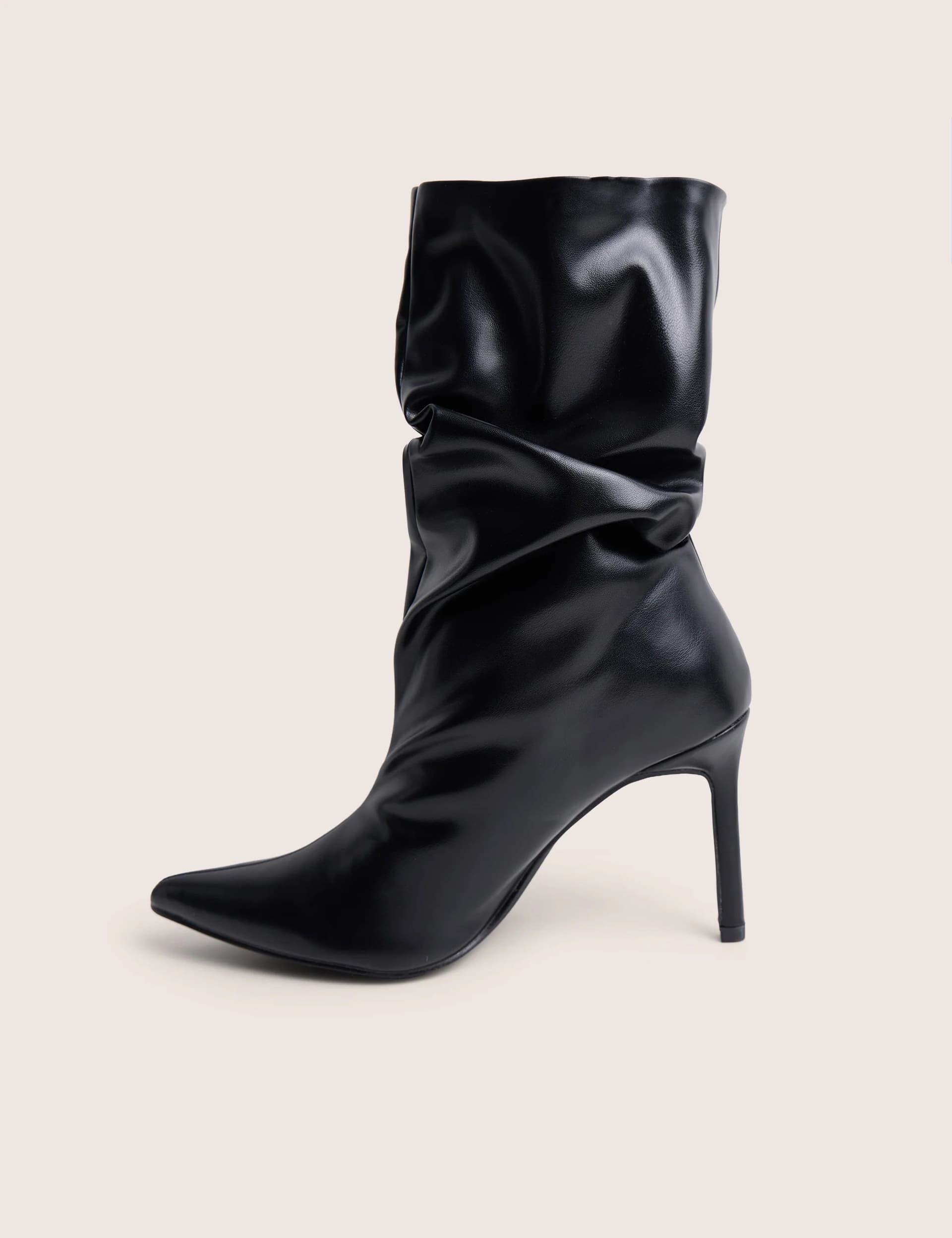 Public Desire LILU BLACK PU RUCHED MID HEEL ANKLE BOOT