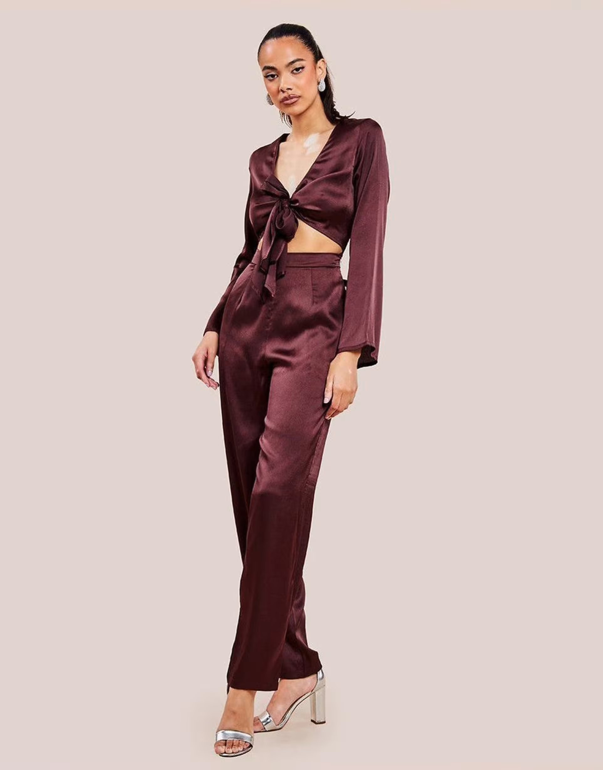 ASOS Goddiva Cut out satin jumpsuit in brown - 1