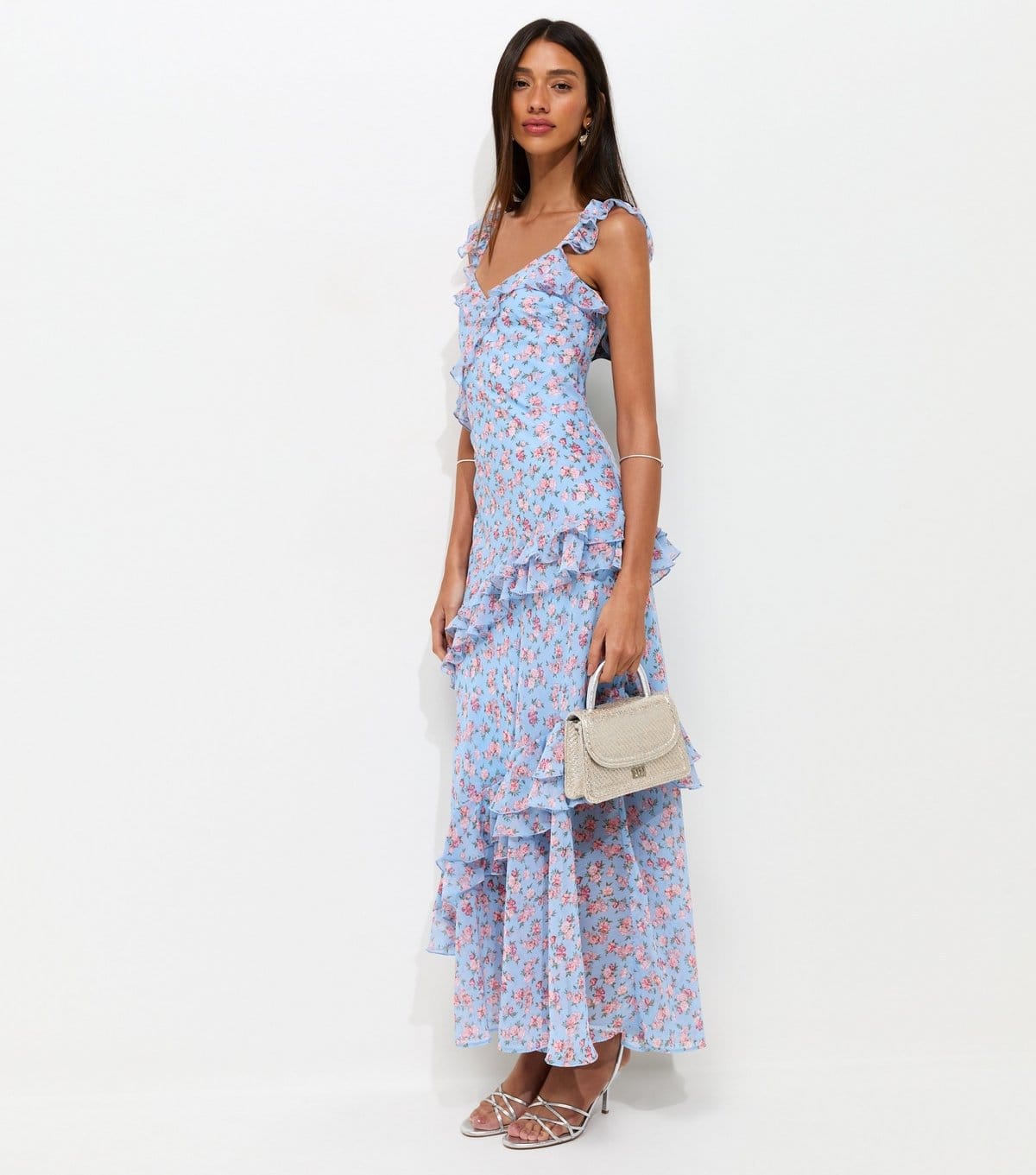 Women's Blue Vintage Rose Print Ruffle Trim Midi Dress New Look
