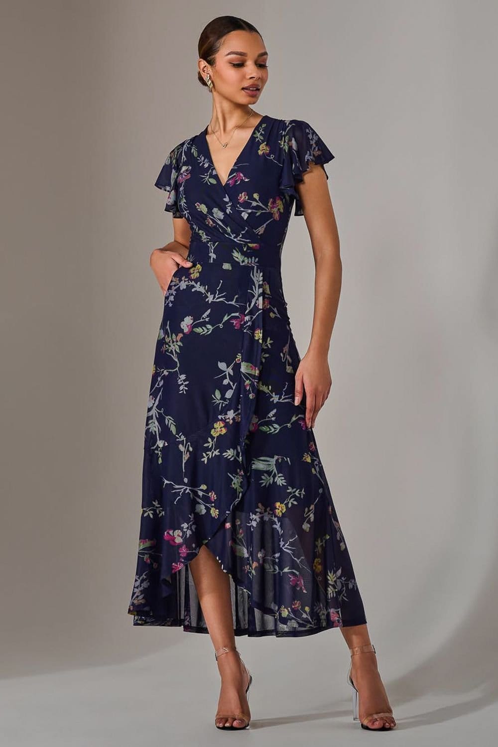 Jolie Moi Jolie Moi Women's Mesh Frill Hem Maxi Dress in Dark Navy - 4