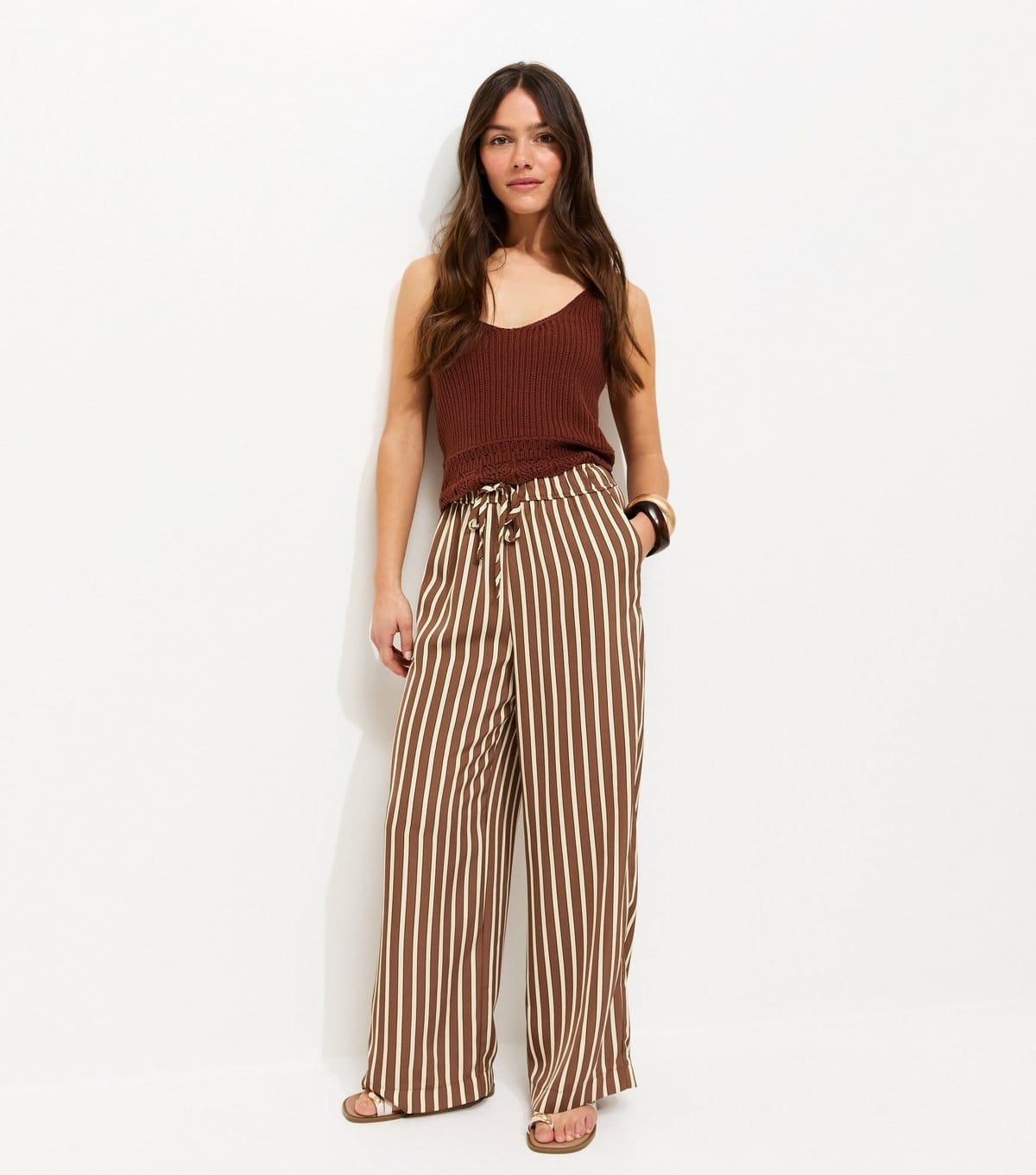New Look Petite Cream Stripe Linen Blend Wide Leg Trousers