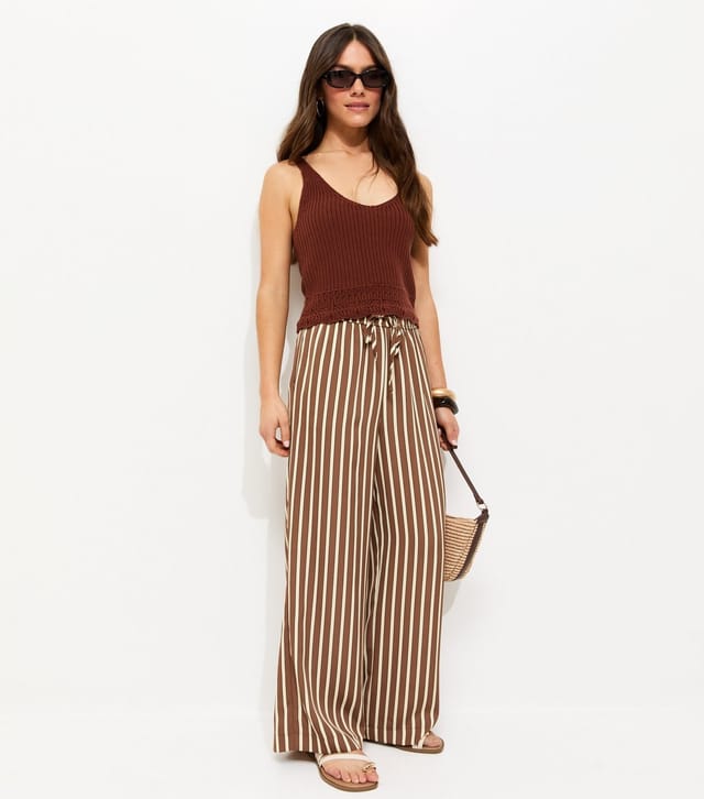 New Look Women's Petite Cream Stripe Print Linen Blend Wide Leg Trousers New Look - 3