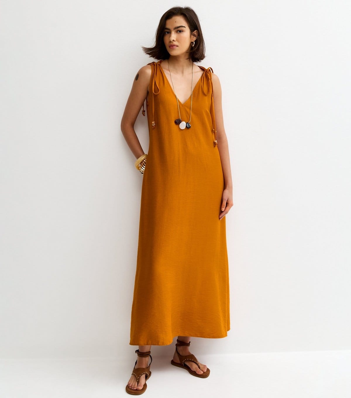 Women's Rust Beaded Tie Smock Midi Dress New Look