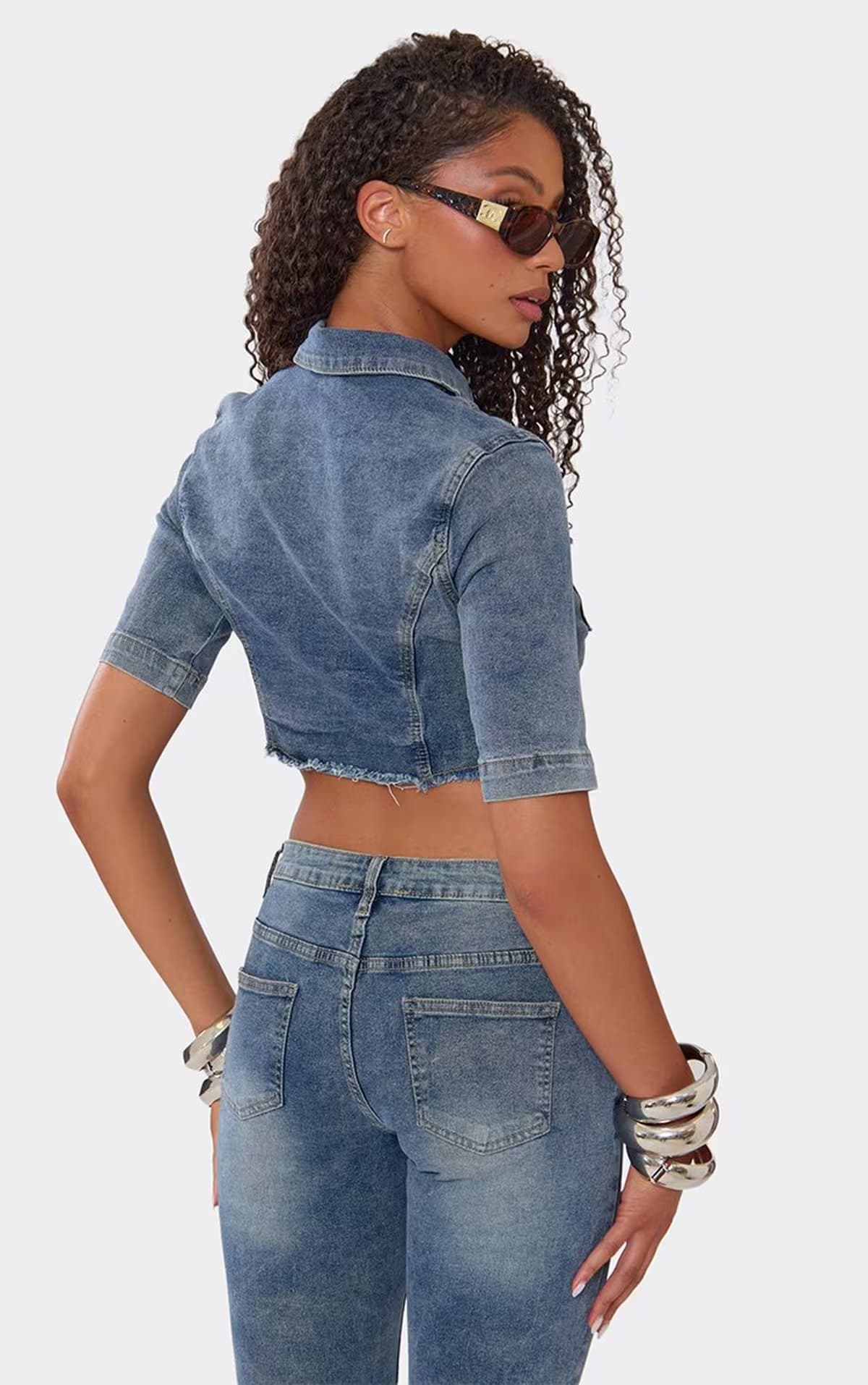 EGO Short Sleeve Pocket Detail Cropped Jacket In Mid Blue Denim, Women's Size UK 6