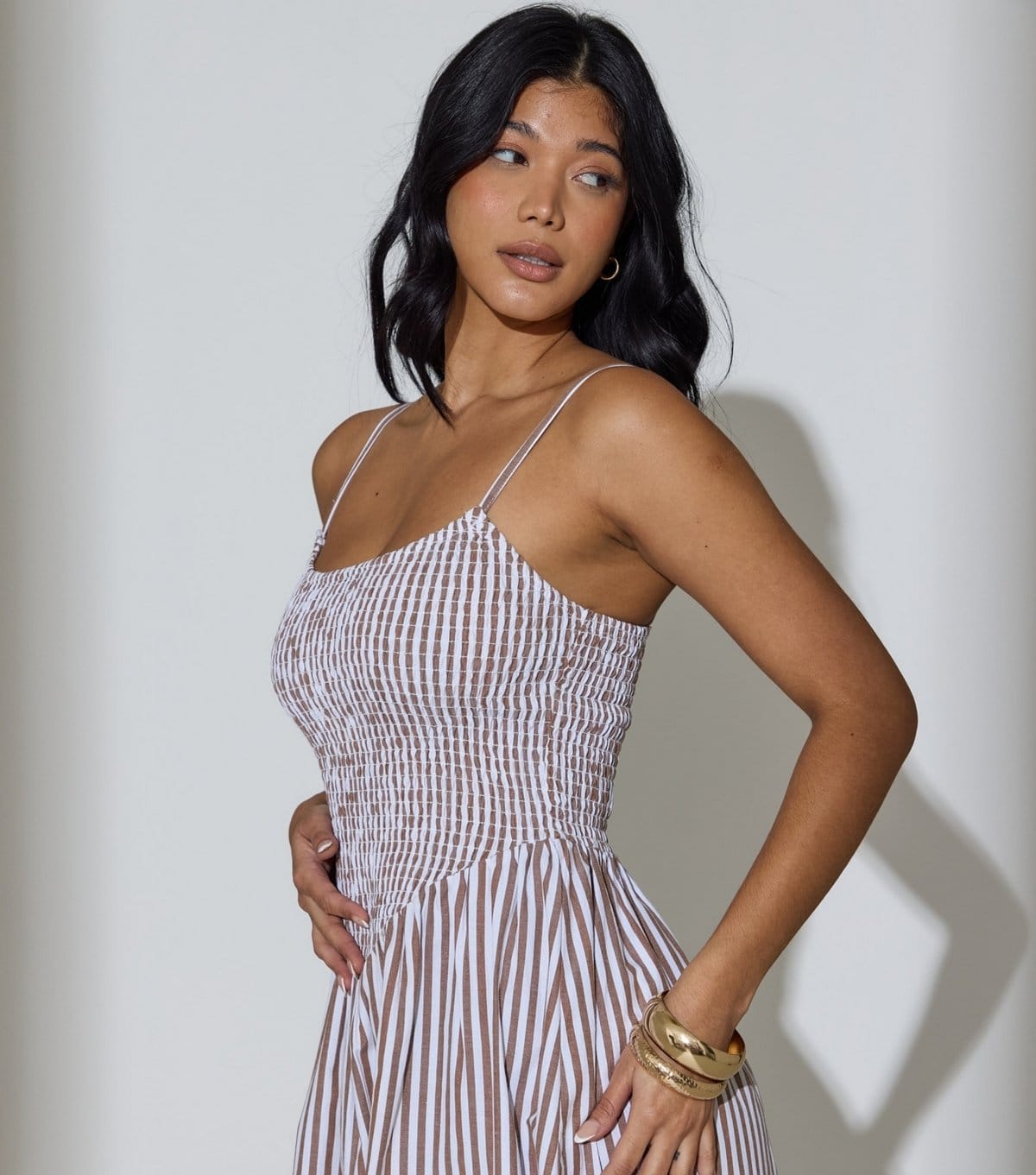 South Beach Women's Brown Striped Smocked Midi Dress South Beach New Look - 4