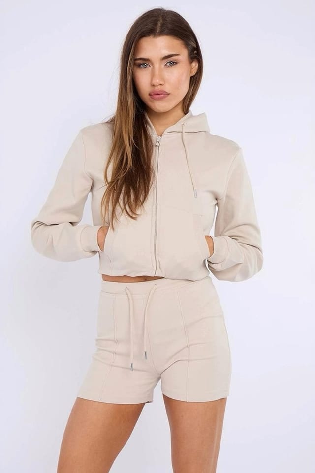 STYLEWISE STYLEWISE Women's Zipped Hooded Crop Top & Seam Detail Shorts Fleece Co-ord in Stone - 2