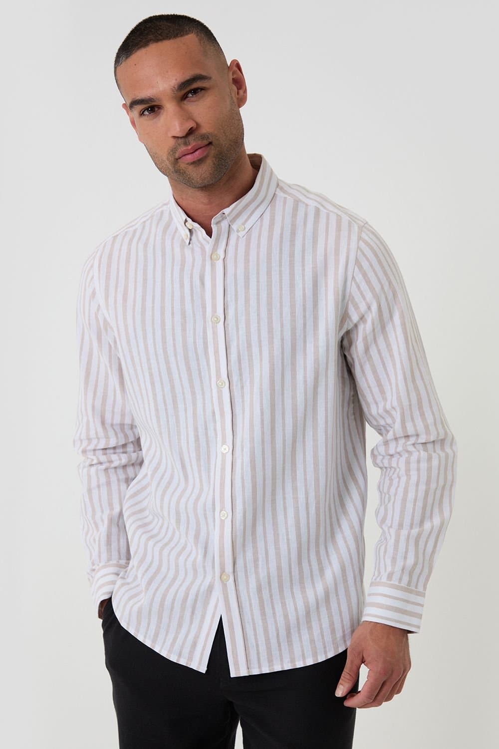 Threadbare threadbare Men's Stripe Linen Cotton Blend Long Sleeve Shirt in Light Stone