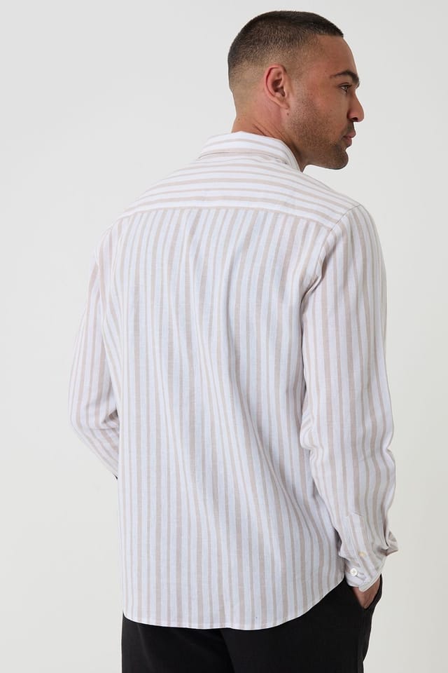 Threadbare threadbare Men's Stripe Linen Cotton Blend Long Sleeve Shirt in Light Stone - 2