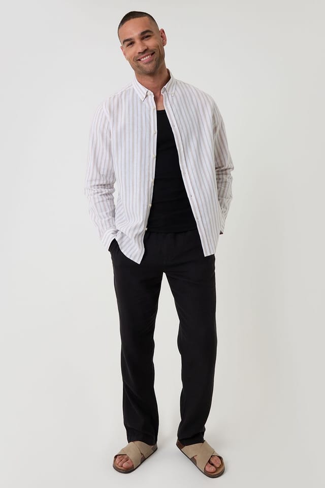 Threadbare threadbare Men's Stripe Linen Cotton Blend Long Sleeve Shirt in Light Stone - 3