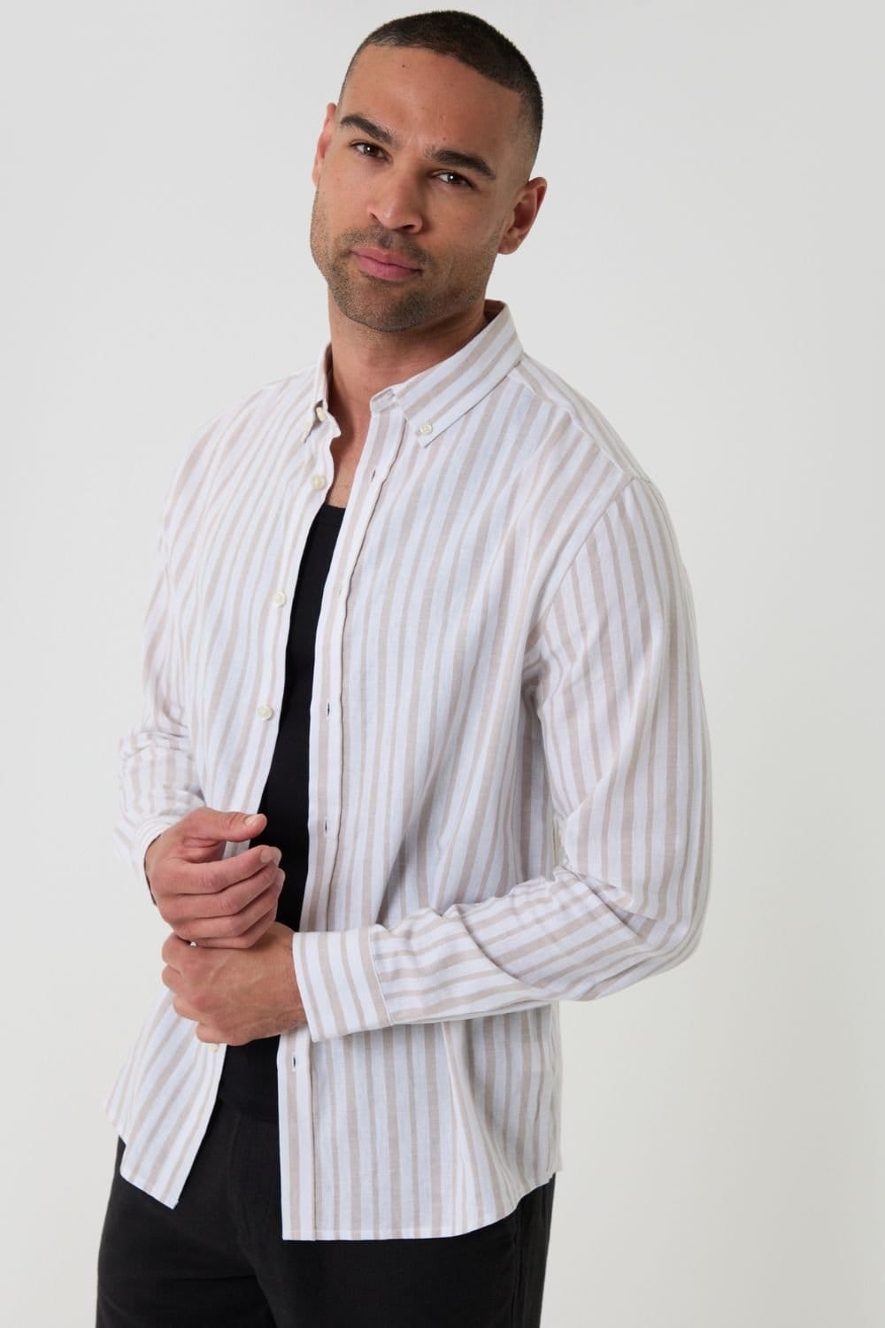 Threadbare threadbare Men's Stripe Linen Cotton Blend Long Sleeve Shirt in Light Stone - 4