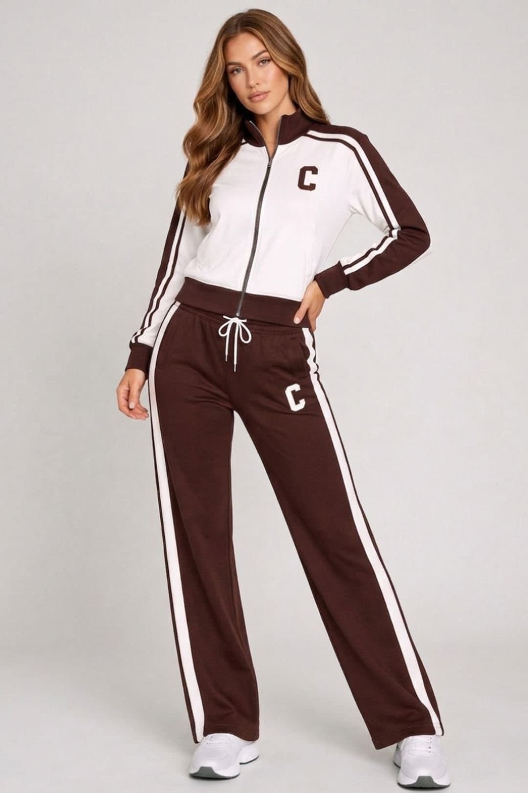 STYLEWISE STYLEWISE Women's Fleece Co-ord Zip-Up Jacket & Jogger Set in Brown