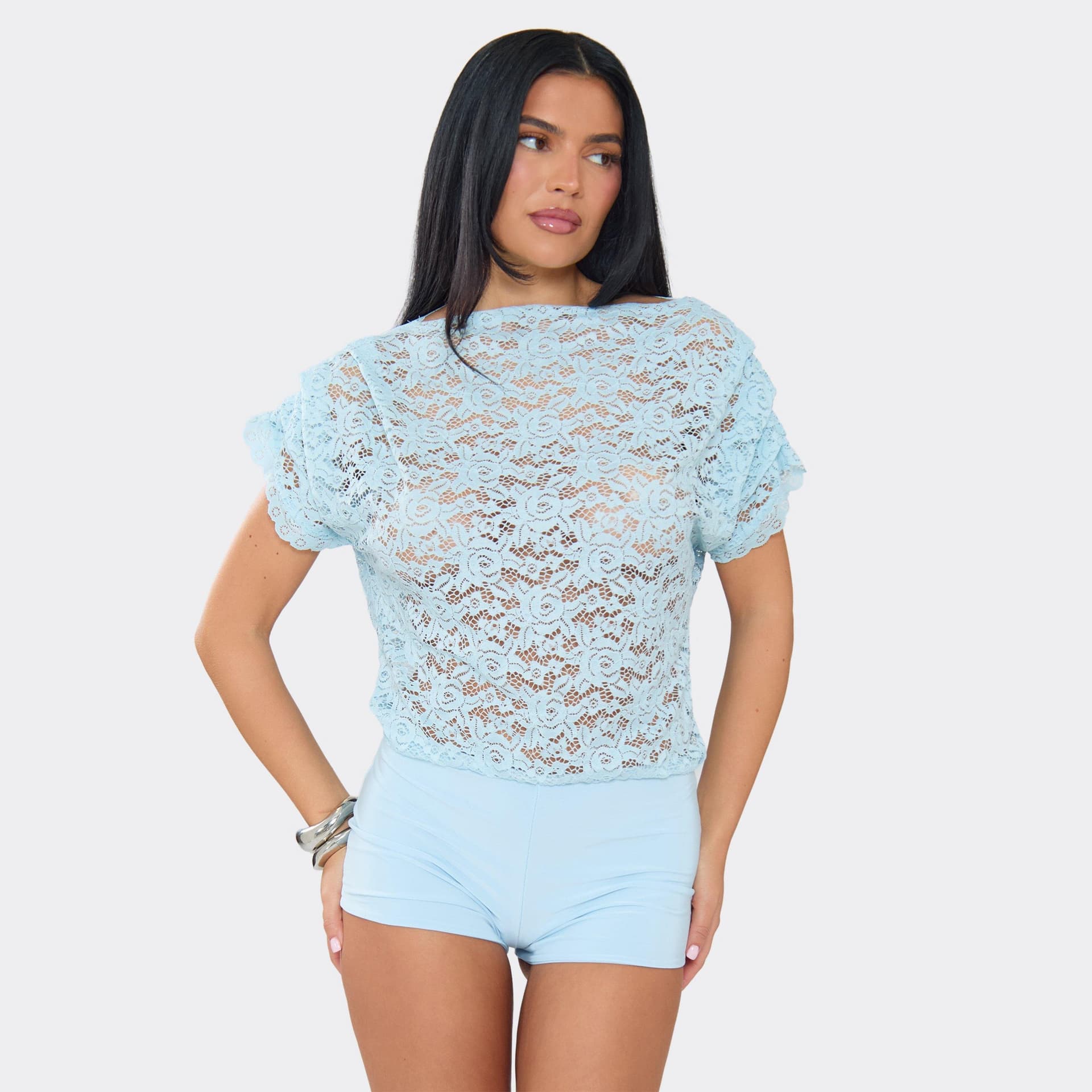 EGO Slash Neck Lace Playsuit In Baby Blue, Women's Size UK 6
