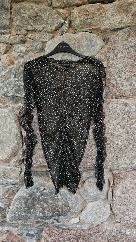 Topshop Black Topshop tulle mesh top with gold stars size 8