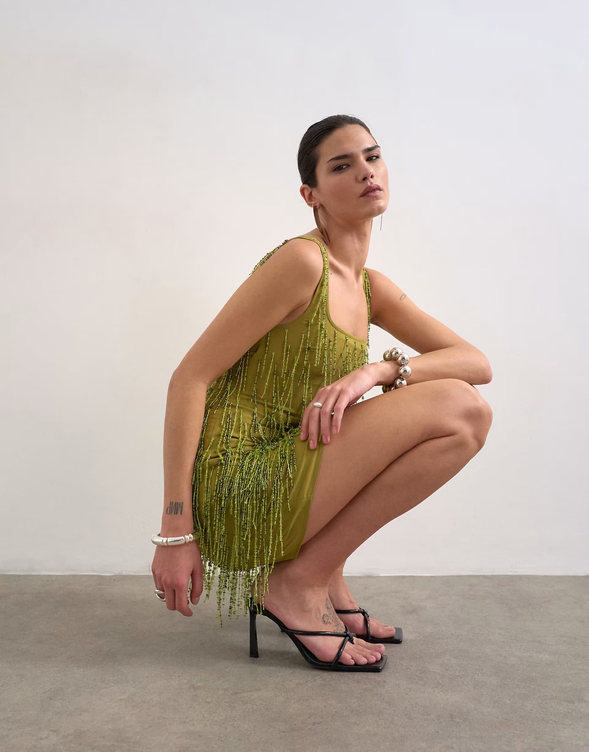 ASOS Topshop embellished fringing mini dress in green