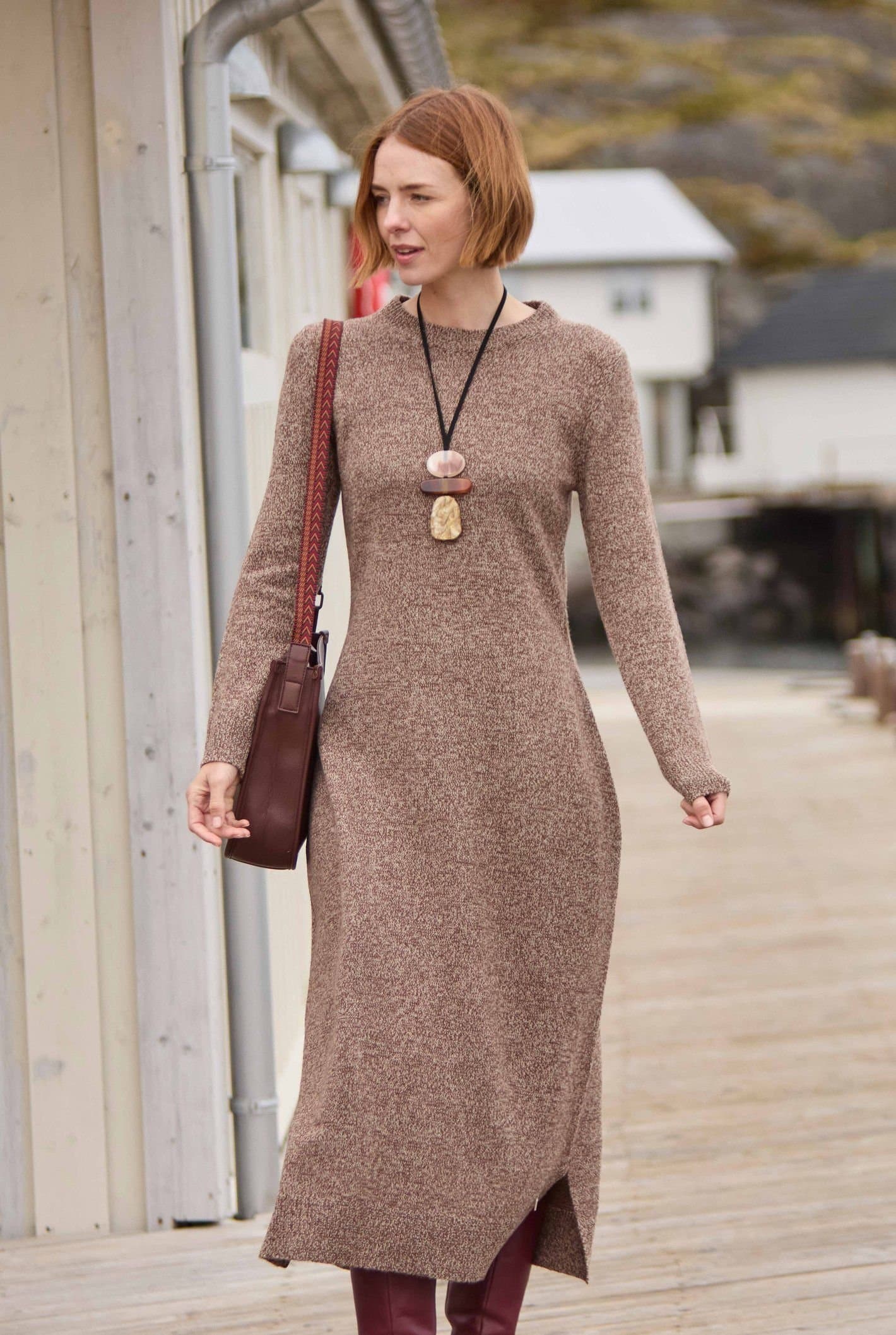Weird Fish Weird Fish Women's Hawkins Knitted Midi Dress in Light Brown