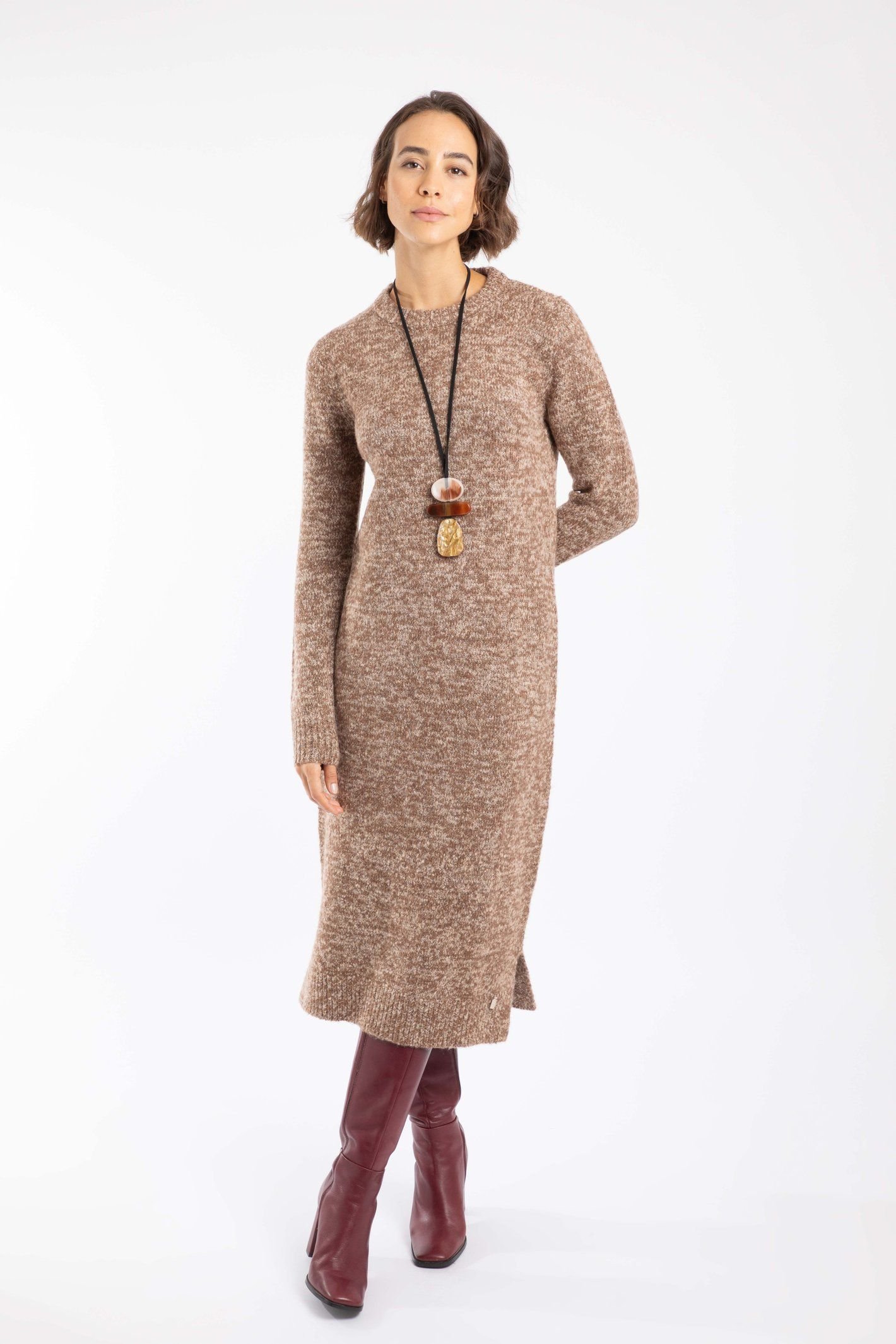 Weird Fish Weird Fish Women's Hawkins Knitted Midi Dress in Light Brown - 3