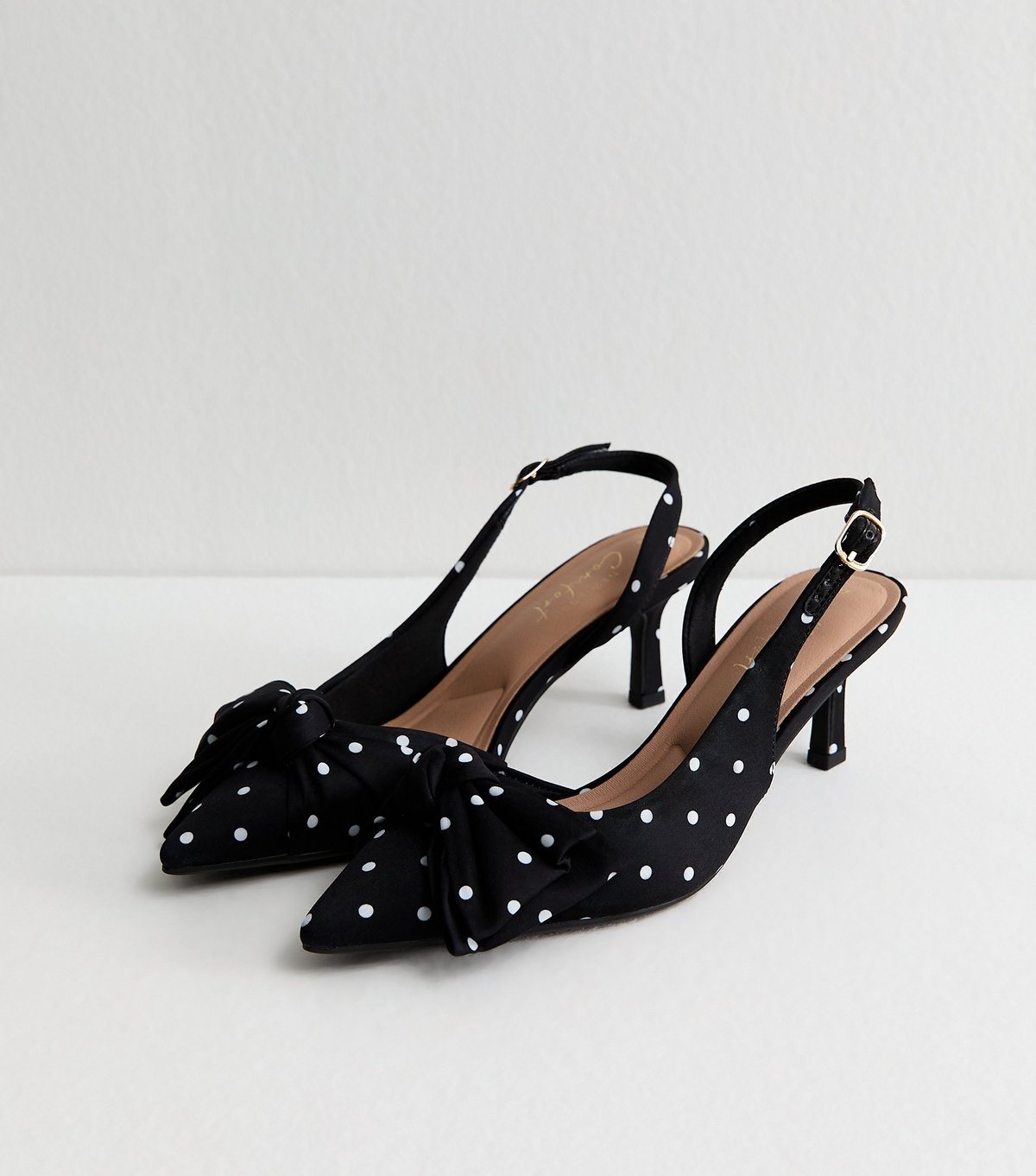 New Look Women's Black Satin Polka Dot Slingback Court Shoes Vegan New Look - 4