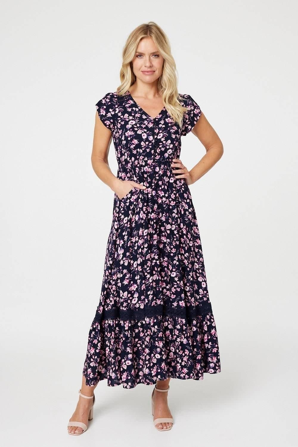 Izabel London Izabel London Women's Floral Pocket Detail Maxi Dress in Blue