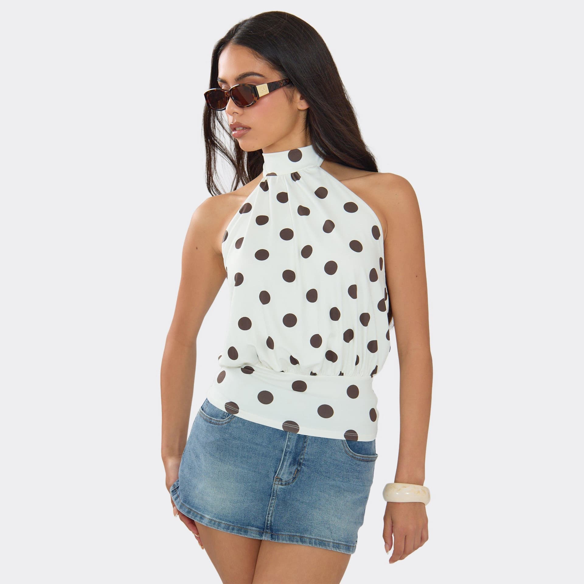 EGO High Neck Open Back Blouson Top In Cream Polka Dot., Women's Size UK 6