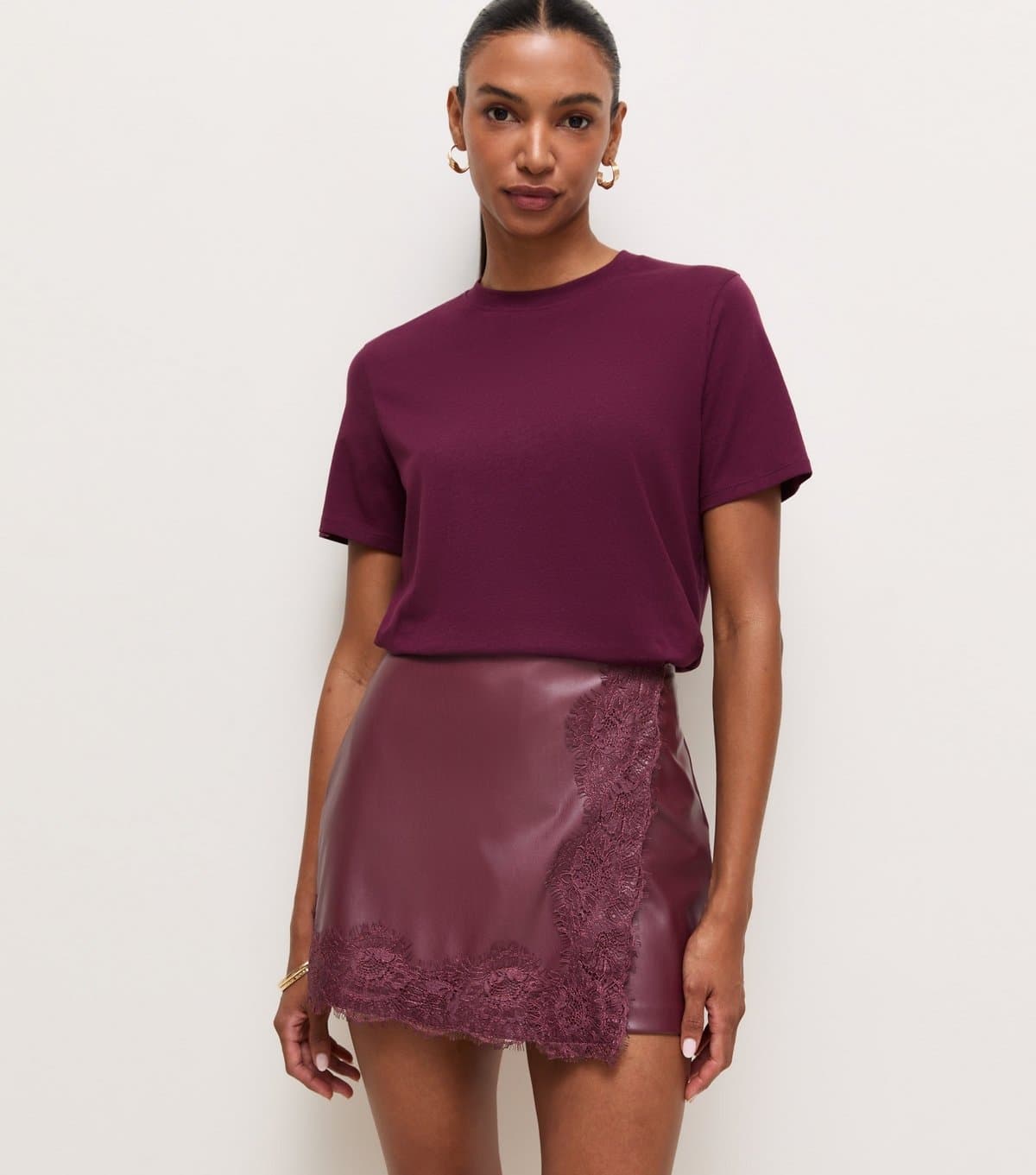New Look Women's Dark Burgundy Lace Trim Wrap Front Faux Leather Skort New Look
