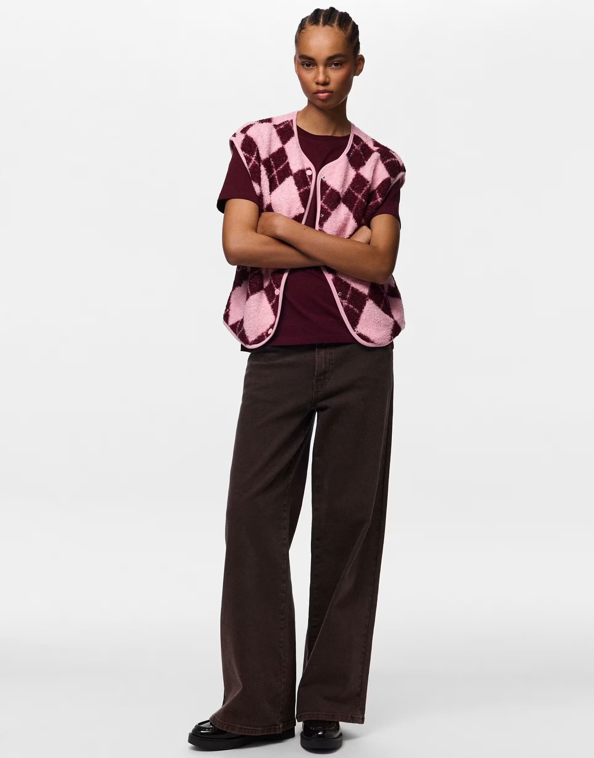 ASOS Pieces teddy gilet in pink argyle print