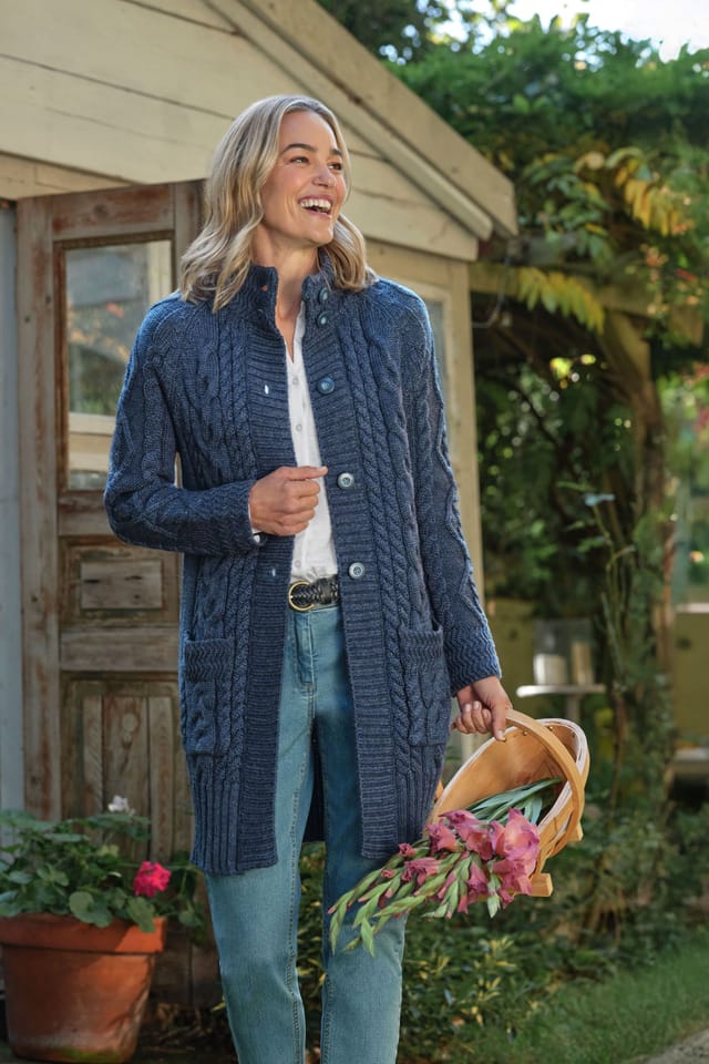 WoolOvers WoolOvers Women's Pure Wool Aran Coatigan in Blue - 3