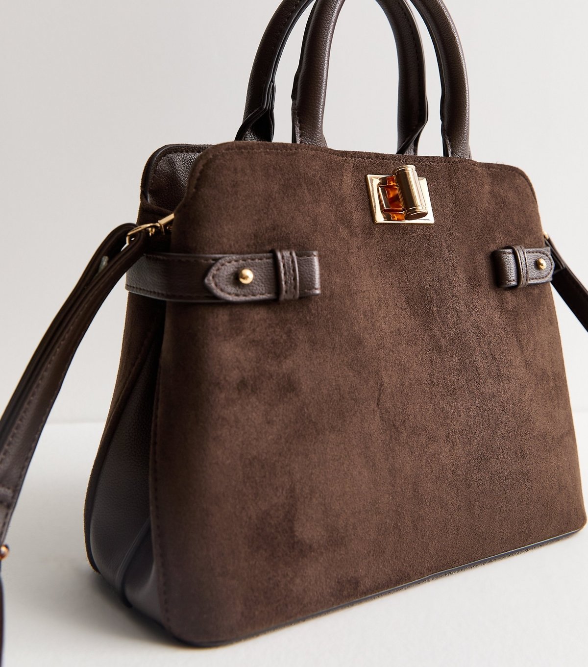 New Look Dark Brown Faux Suede Turn Lock Top Handle Tote Bag Vegan New Look - 3