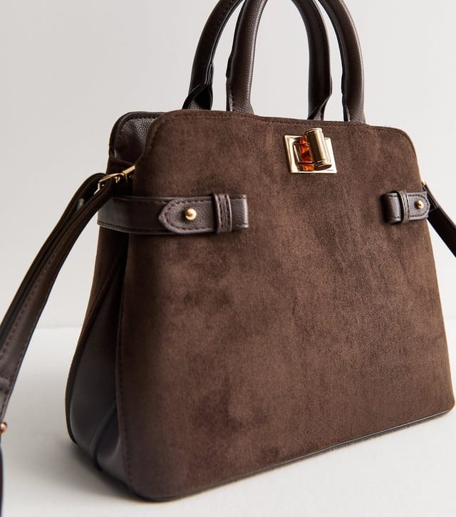 New Look Dark Brown Faux Suede Turn Lock Top Handle Tote Bag Vegan New Look - 3