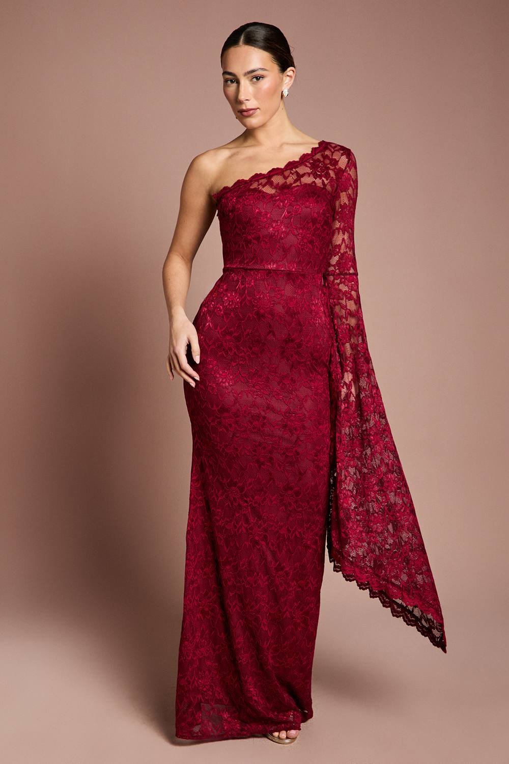 Coast Coast Women's One Shoulder Cap Detail Lace Maxi Dress in Wine - 2