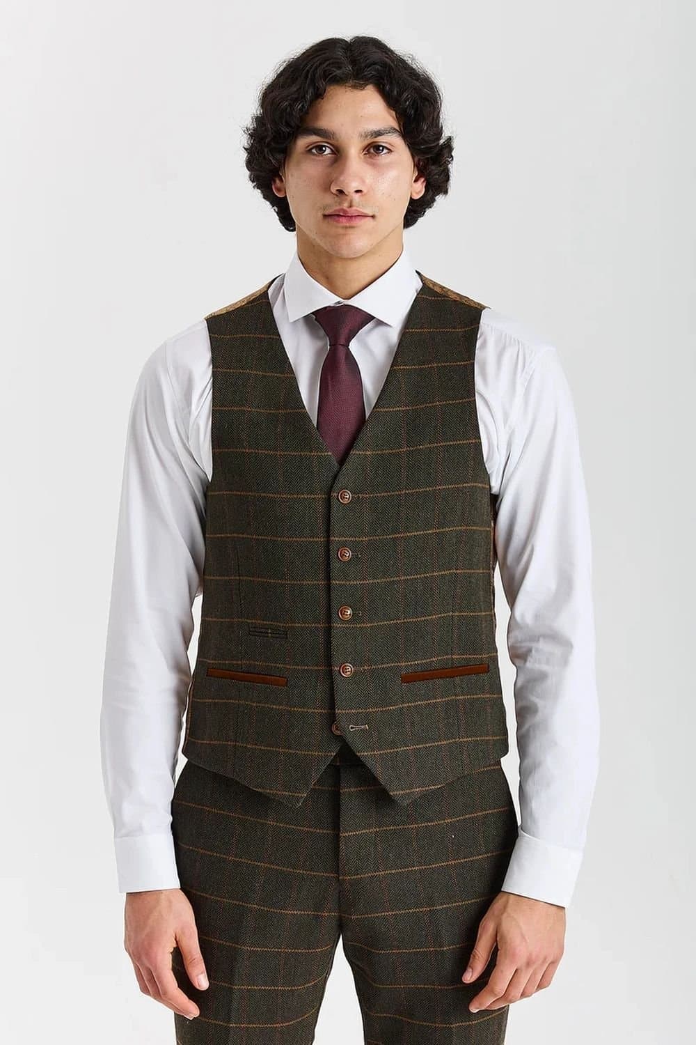 Paul Andrew Paul Andrew Men's Waistcoat Tweed Herringbone Check Wool Blend Vest in Green