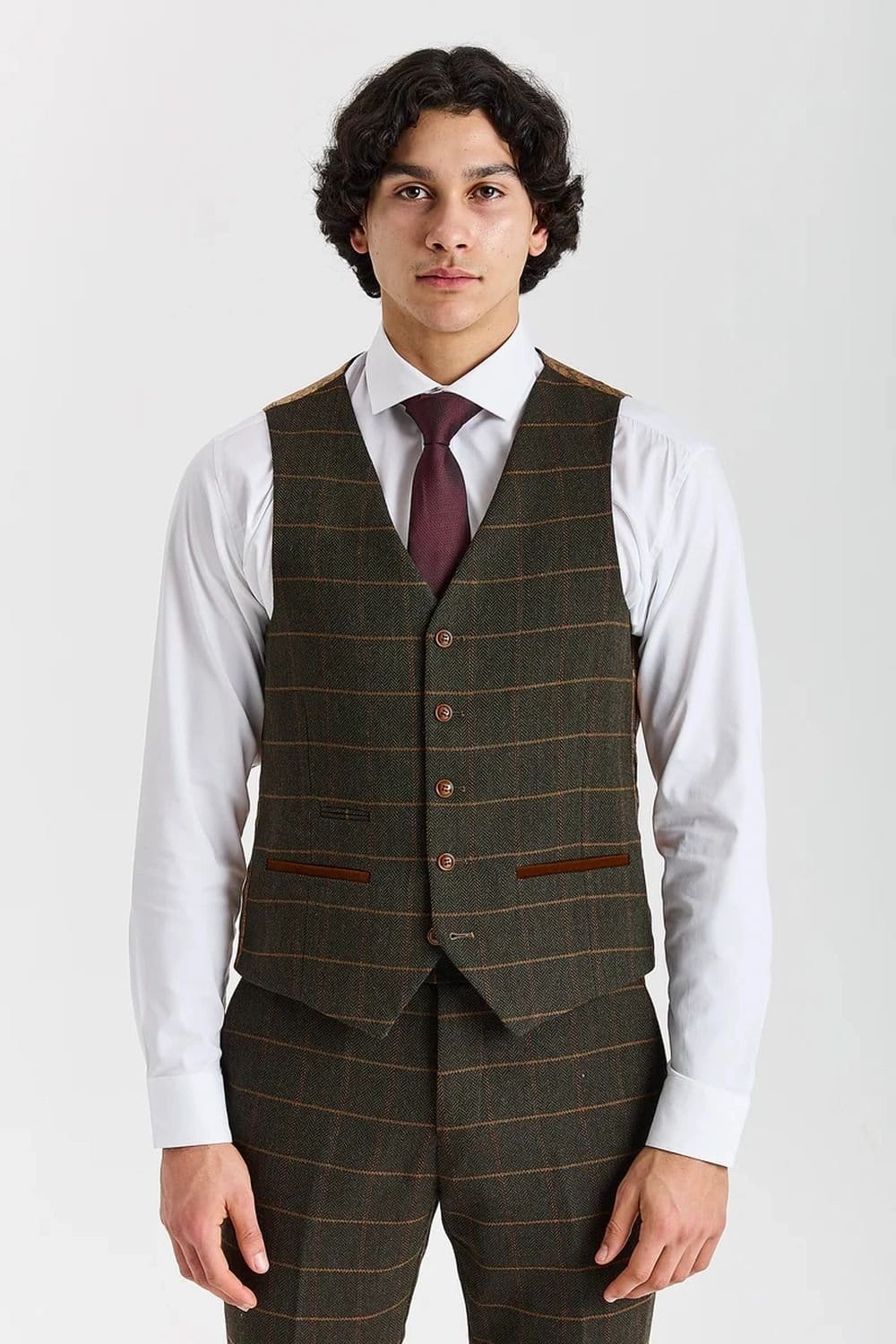 Paul Andrew Paul Andrew Men's Waistcoat Tweed Herringbone Check Wool Blend Vest in Green - 1