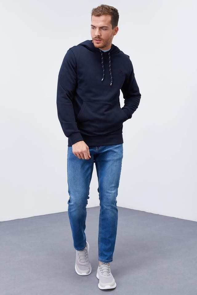 Tommy Life Tommy Life Men's Solid Hooded Sweatshirt With Pocket in Navy - 2