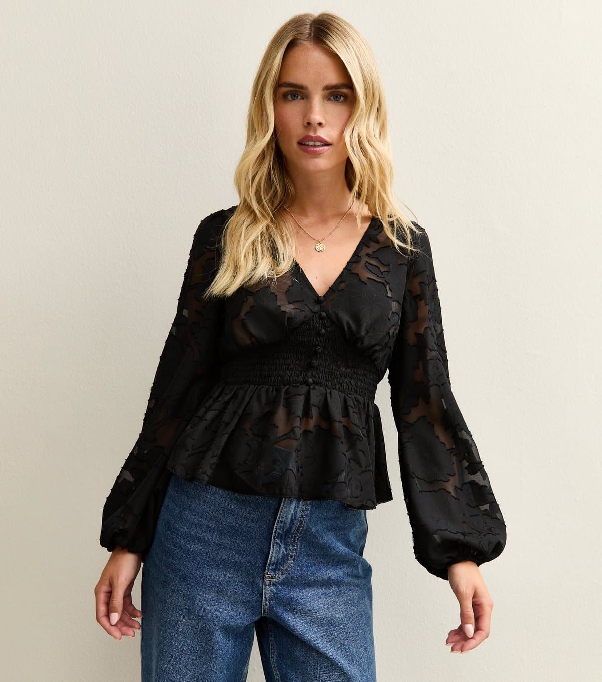 New Look Women's Petite Black Floral Jacquard Semi Sheer Peplum Blouse New Look