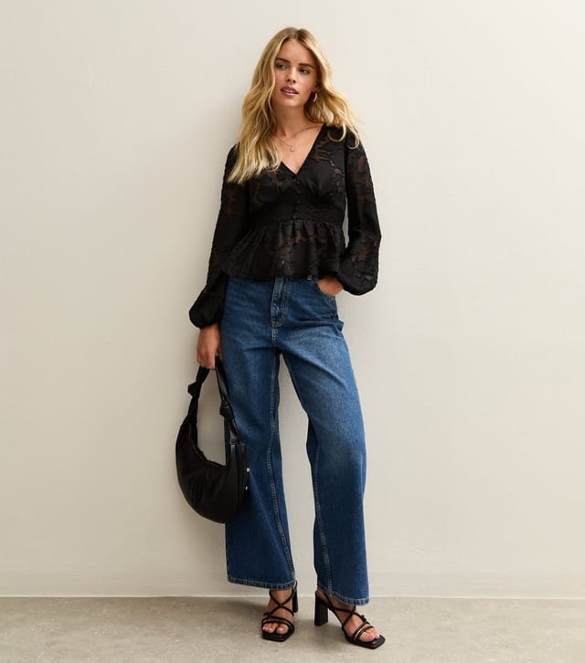 New Look Women's Petite Black Floral Jacquard Semi Sheer Peplum Blouse New Look - 3