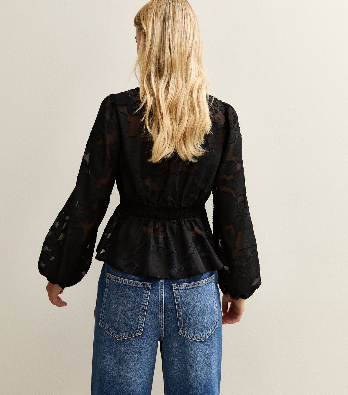 New Look Women's Petite Black Floral Jacquard Semi Sheer Peplum Blouse New Look - 4